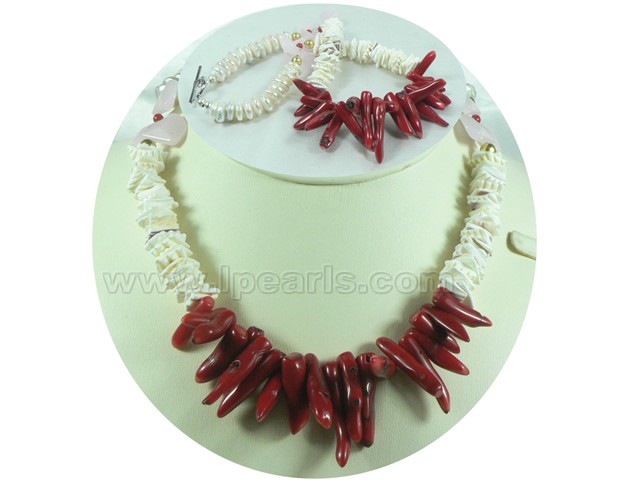 red little pepper coral necklace with white coin freshwater pear